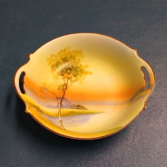 Nippon Hand Painted Ceramic Handle Trinket Dish Tree in Meadow Cottagecore - Picture 1 of 6